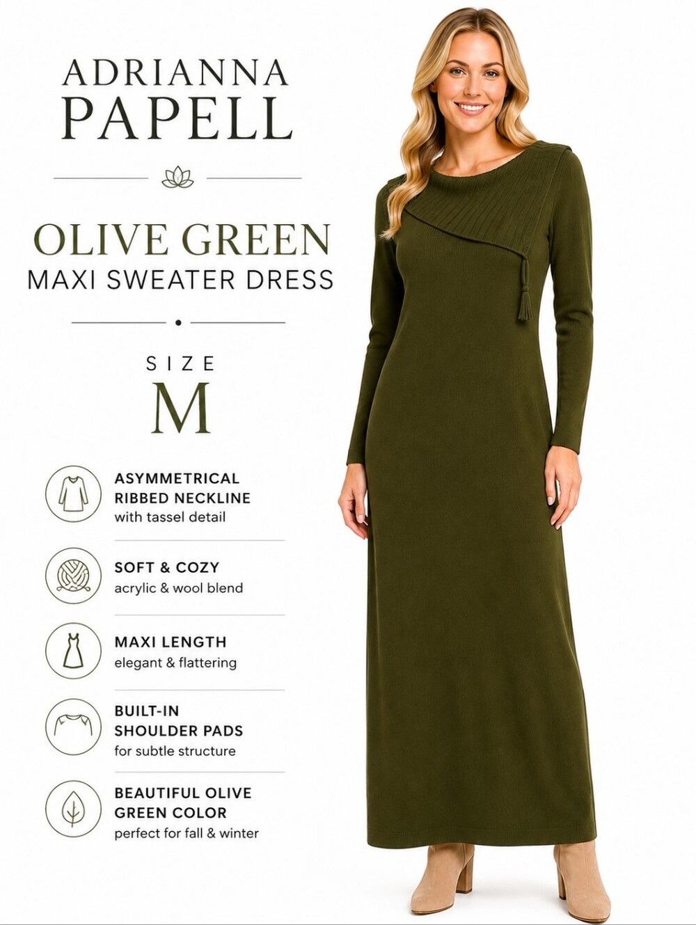Adrianna Papell Olive Green Asymmetrical Tassel Maxi Sweater Dress Size Medium
